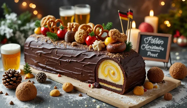 ((masterpiece)) ((photography)) ((Highest quality)) A playful and appetizing Yule log inspired by Germany, combining traditional flavors with a humorous twist. The log features a rich chocolate frosting textured to resemble wood, with edible pretzel pieces...