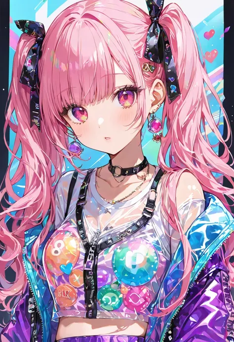 Transparent PVC clothing,  Clear Colored Vinyl Material Clothes, prism,  Holographic ,  Color Difference,  Fashion Illustration , masterpiece, Harajuku Fashion Girl ,  is watching viewers, 8k,  super detailed ,  pixib
, masterpiece,  top quality , score_9,...