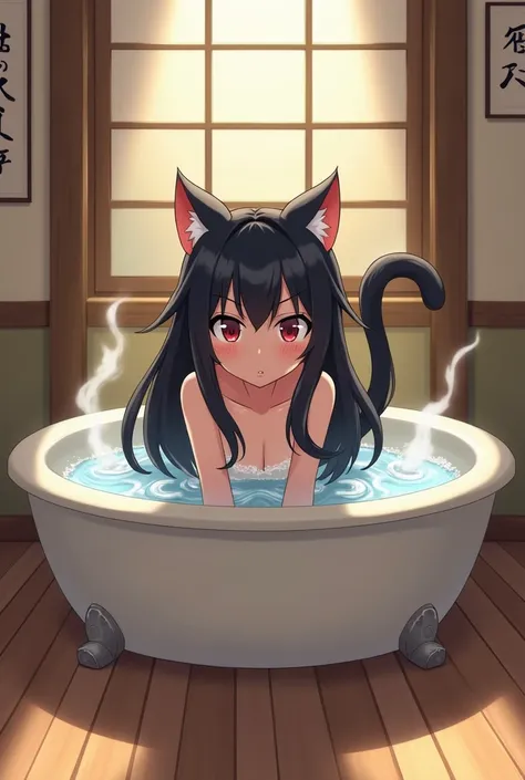 A adult black haired anime cat girl who is refusing to take a bath because she i scared of water