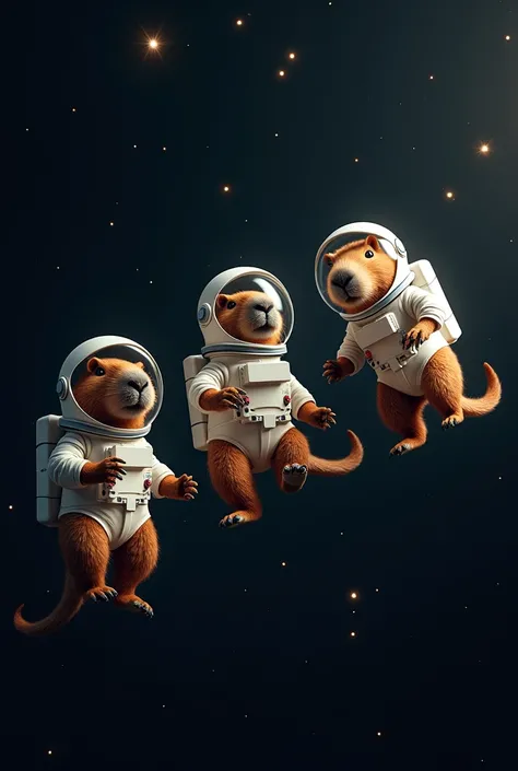  3 capybaras dressed as astronauts, floating in space at random 