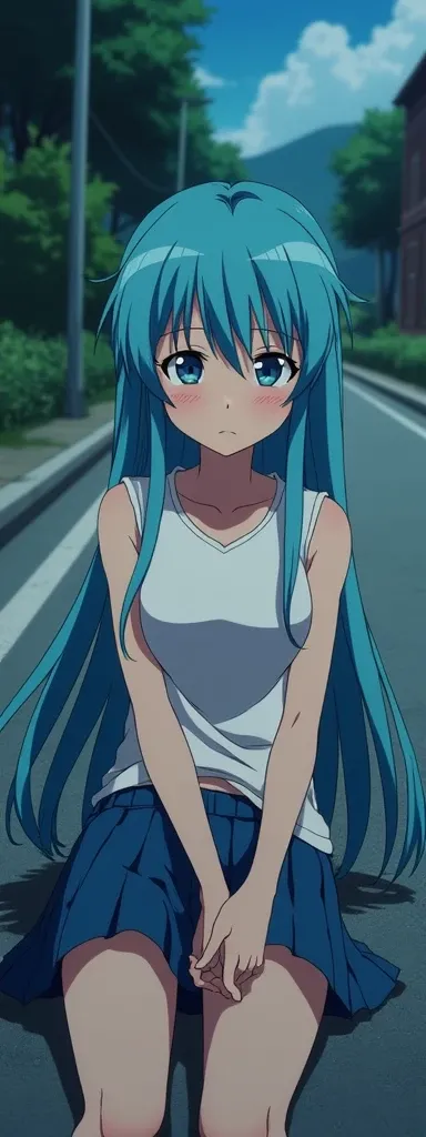  in the anime is stabbed multiple times in the chest and stomach by someone on her way home from school and is bleeding and dies painfully, Blue Long Hair .Bust H cup, Close Her Eyes ,A 17-year-old girl in the anime who is lying face down on the road 