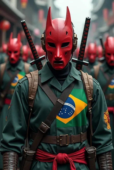 Soldiers wearing a red Japanese mask ,  but with a katana on their backs with the symbol on the chest of Brazil