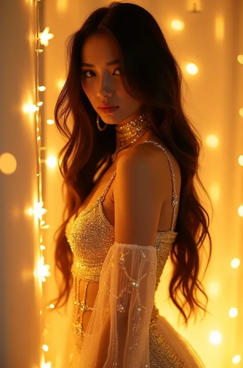 Beautiful sexy curvy female of Kazakh ethnicity, with almond-shaped eyes, dark expressive eyebrows, Wearing a glowing golden aura outlining her figure, wearing an intricate, neon-lit outfit that glimmers with delicate details, long hair, posing, medium ful...