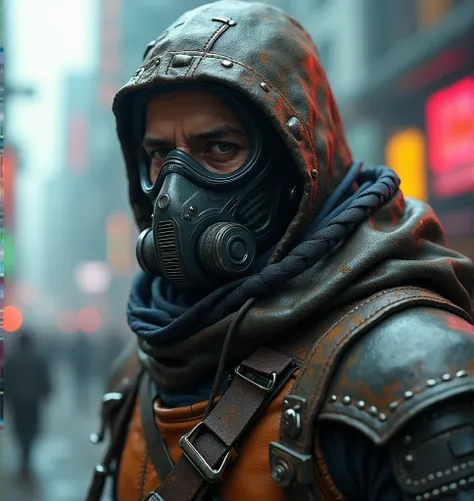 The guy is a warrior. leather armor. a mask with a filter on the lips. concept art with 8k resolution, super detailed, with intricate contrasting colors. 8K 3D. close-up. etherpunk.close-up.cyberpunk