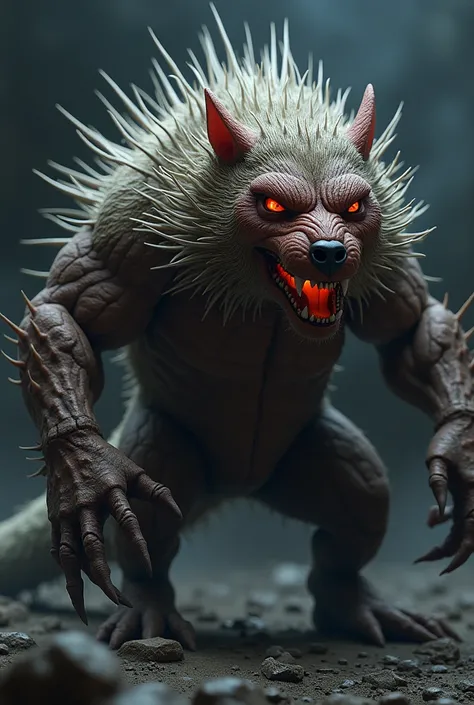  image shows a monstrous creature with characteristics of a Pitbull but with an extremely muscular body covered by porcupine spines or stiff, pointed hair.  His eyes shine in an intense red tone ,  and his teeth are sharp , giving a threatening expression ...