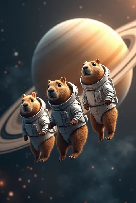  3 capybaras dressed as astronauts, floating in space randomly near Saturn. on transparent background