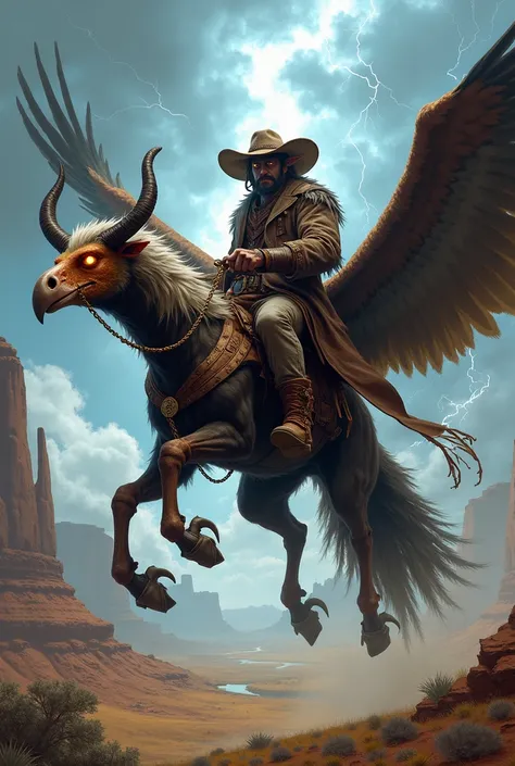 Un tiefling cowboy che cavalca un Thunderbird 