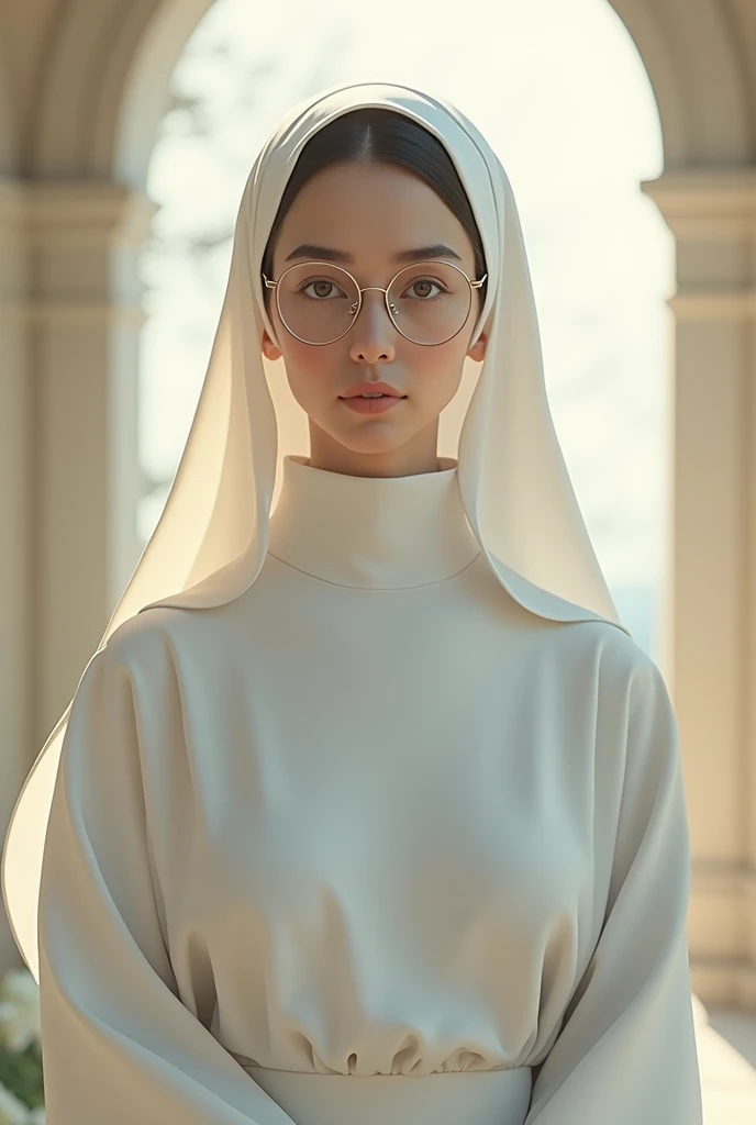 Nun in white dress with glasses