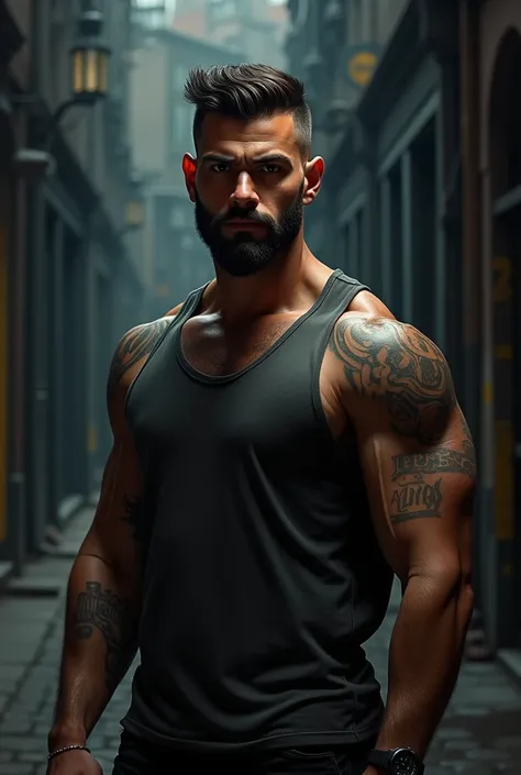 a manly muscular man with tanned skin, very short cropped hair with facial hair, in a dark city, minimal lighting, high contrast, wearing a shirt with tattoos, mysterious, head to waist close up shot, digital art, soft oil painting concept art midjourney s...