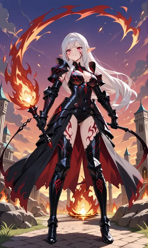 Prompt: ((masterpiece, best quality, 16k)), ((full body)), (1girl), A powerful demonic elf with flowing white hair, fierce red eyes, and dark, smoldering tattoos across her skin like burning embers. She wears a blackened armor infused with molten red desig...