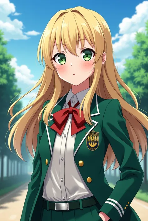  Screenshot of my hero Academia, Female character with fair skin and blond hair with pink cheeks full of freckles, green eyes almost honey , uniforme de la UA, mha.