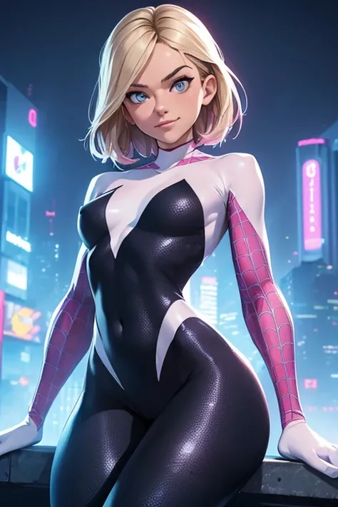 (masterpiece), best quality, expressive eyes, perfect face, front lighting, (cyber city at night with neon lights background), (sitting on ledge of a tall building), (smirk), (1girl, Belle Delphine, young adult, fair skin, blonde with pink higlight tips, s...