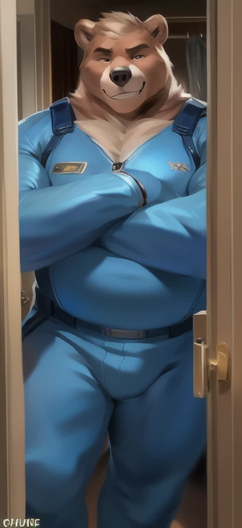 Solo, male Tall​, huge​ body​,​standing, The room is empty, Hold the key to lock the door.,bear ice pink ​,blue military spacesuit, overweight, muscular, smirking, by chunie