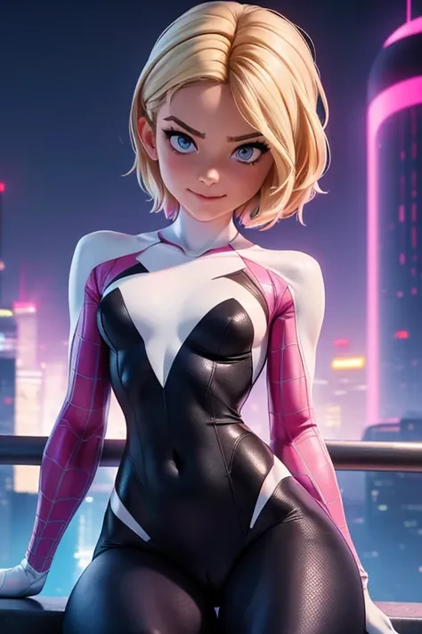 (masterpiece), best quality, expressive eyes, perfect face, front lighting, (cyber city at night with neon lights background), (sitting on ledge of a tall building), (smirk), (1girl, Belle Delphine, young adult, fair skin, blonde with pink higlight tips, s...