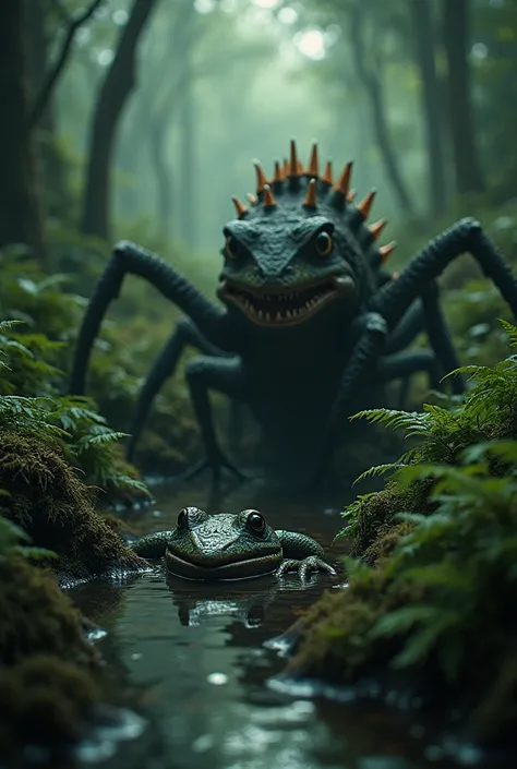 In the dim light of a Carboniferous swamp, a Megarachne lies in wait, its hairy legs camouflaged among ferns. Suddenly, it springs forward, impaling an unsuspecting amphibian with its sharp fangs. The swamp falls eerily silent as its prey succumbs.