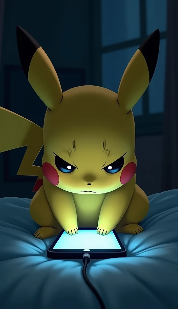 Pikachu is secretly checking his lovers smartphone while hiding
The face looks sad