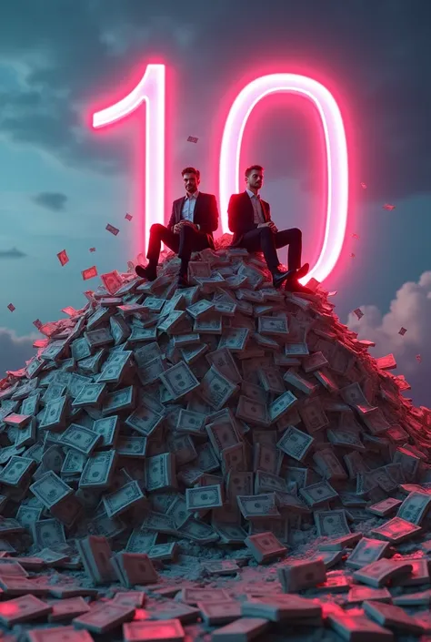 Men wearing suit pant Seating on a mountain made up of cash , In Background Written "10 Trillion" spelling must be correct Neon Effect Glowing