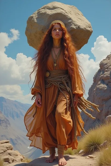 Une femme arabe dune beauté exceptionnelle, ses longs cheveux roux bouclés tombant sur ses épaules. Elle porte une robe marron transparente déchirée, porte sur son dos un gros rocher sphérique et lemmène jusquau haut de unla montagne, image tragique du Tib...