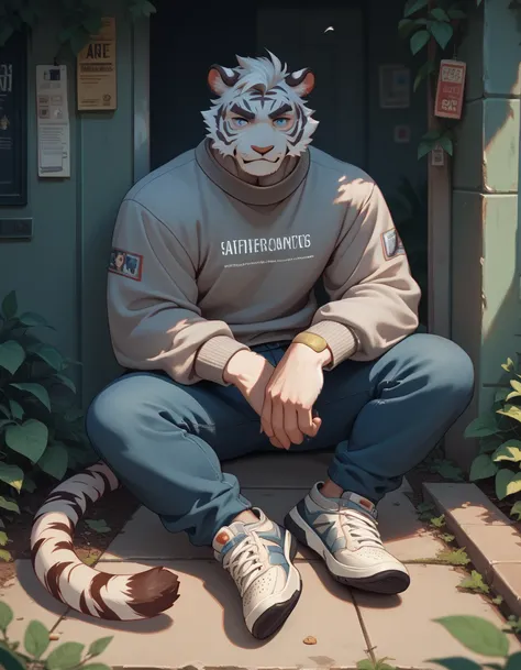 Furry， white tiger，white fur ，， white fur，blue  eyes，Tiger ears，juvenile，Handsome，lol，band-aid， gray sweater ，“full body”，modern，Perfect， top quality，Positive face， eyes