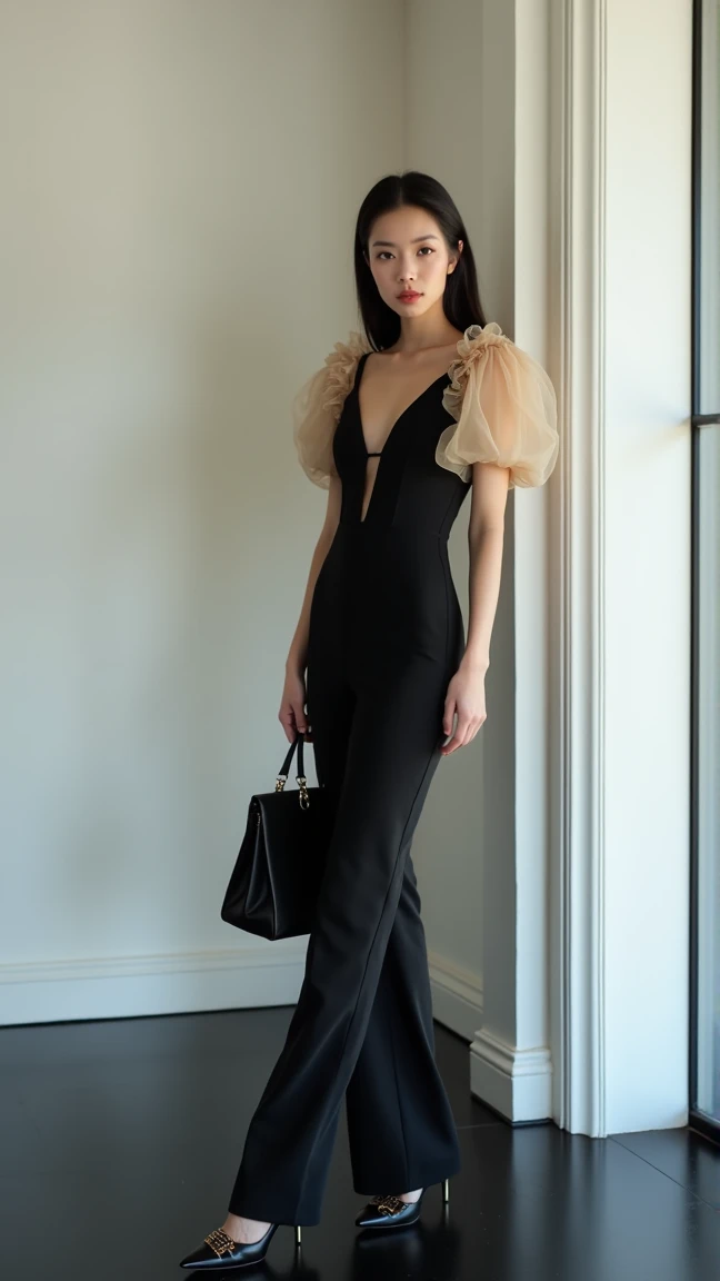 Real image + ultra-slim + Japanese beauty .1 woman, solo, slim figure, light skin, wearing an elegant black jumpsuit with sheer beige puffed sleeves, ruffle details along the shoulders, fitted waist, wide-leg pants, black pointed heels with decorative buck...