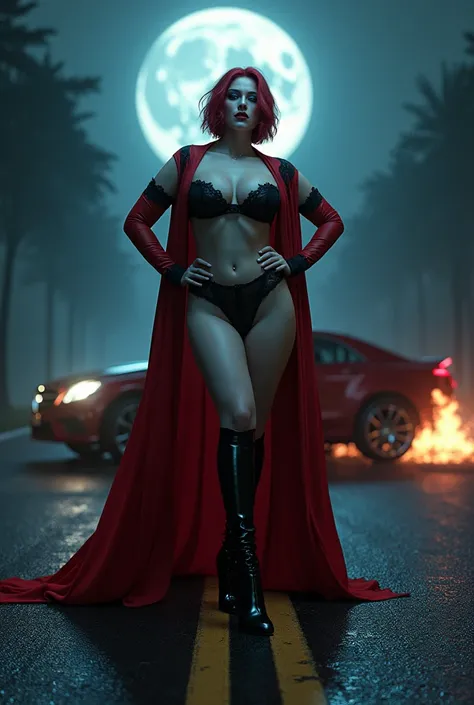  Vampire girl BBW  big breasts gothic lingerie high heels leggings red cape fitness beautiful short red hair blue eyes stopped arms on hips in the middle of the road in the light of the full moon and a speeding car crashes into her.  She is undisturbed wit...