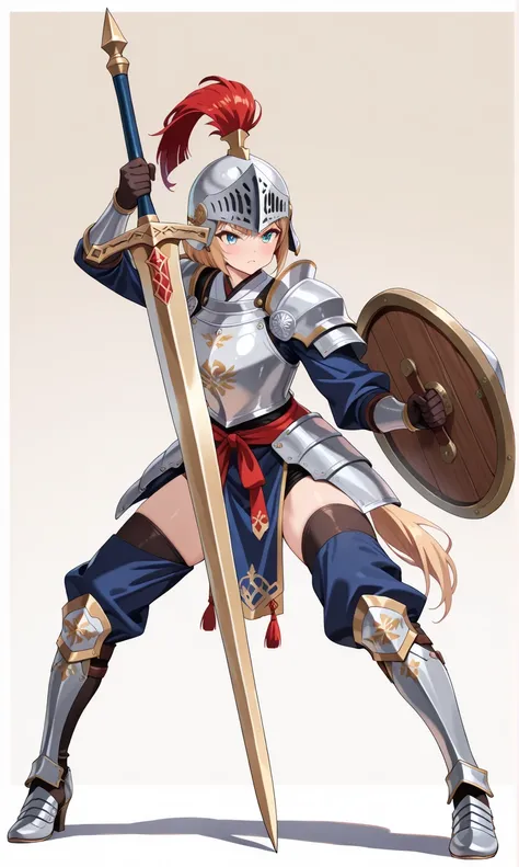 (((masterpiece, best quality, high detailed, 16k))) (1girl) A fierce warrior on foot, clad in polished armor inspired by a knight’s traditional garb but with sleek, agile modifications. Her armor has horse motifs and subtle engravings, with a helmet featur...