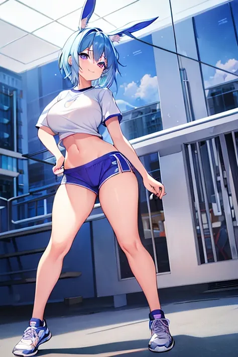 1girl, blue hair, light blue hair, very short hair, purple eyes, large breasts, breasts, ((petite)), fang, smile, gym uniform, blue shorts, short pants, shirt, white shirt, light smile, rabbit ears, animal ear fluff, hourglass figure, standing, ((standing)...