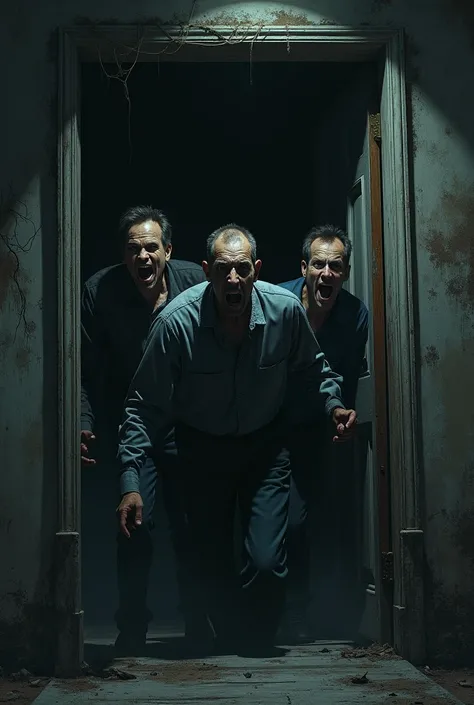 3 men with a terrifying expression on their faces searching a creepy and cursed house 