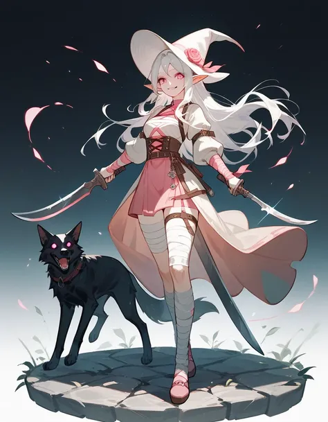 Elf Girl,White hair,In pink eyes ,canine,Bandage on the chest.,Scary smile,, full length bandage,Put on a tall white hat ,Holding a sickle