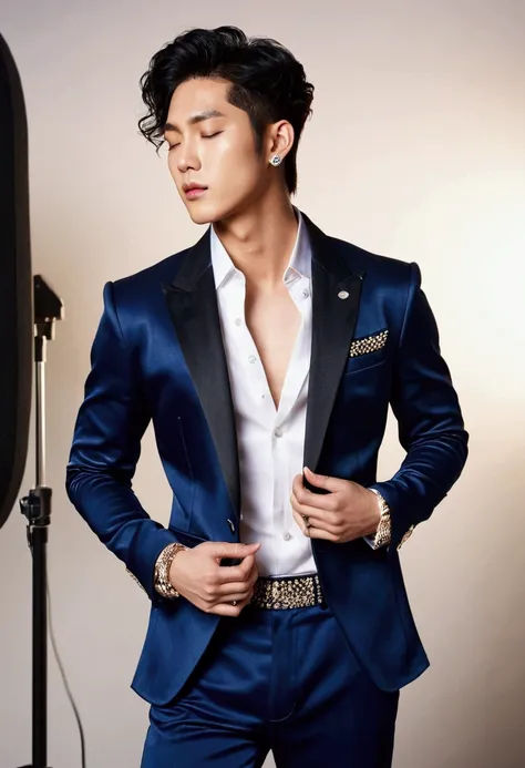 sexy and handsome male Korean American K-pop Idol, eyes closed, recording song in the music studio, short perm hair, feminine face, sexy jawline, diamond stud, elegant, luxury, hyper realistic, toned arms, six pack abs, athletic physique, navy blue satin b...