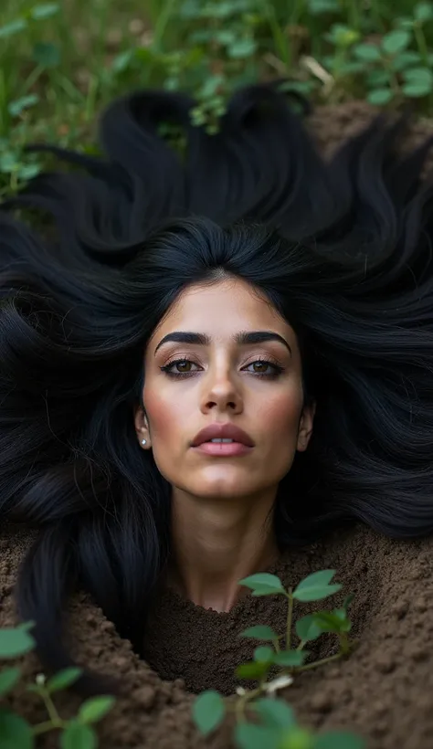 A piece of the head of a beautiful latina woman with very long hair is very bushy, neckless, buried standing in a garden with only her head visible , disekitarnya hanya ada tanah dan rumput, realistic face, realistic photo, widespread hair around the head,...