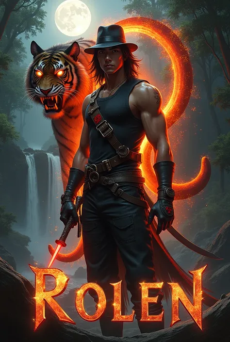 [A young Asian assasin man, ROLEN, stands confidently in a dimly lit forest, a large, stylized, metallic "R" ablaze with fiery energy crackling around it behind him.  He wears a black fedora, a fitted black leather vest with a red wolf emblem on the chest,...