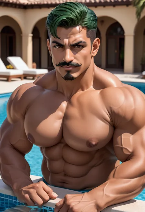 Arabian daddy face alpha ultra muscular daddy man (bulging voluminous pectorals muscle with big nipple), (close up upper body part photoshoot sit in poolside, realistic detailed photo model, masterpiece quality photography, (aesthetically muscle proportion...