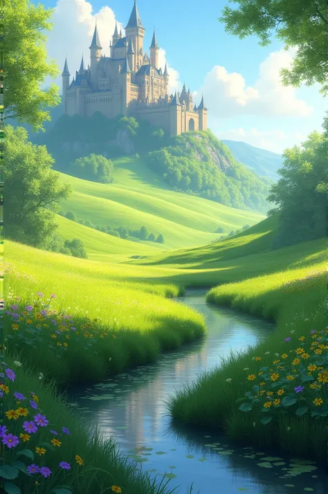 make me a beautiful green meadow with a castle in the distance