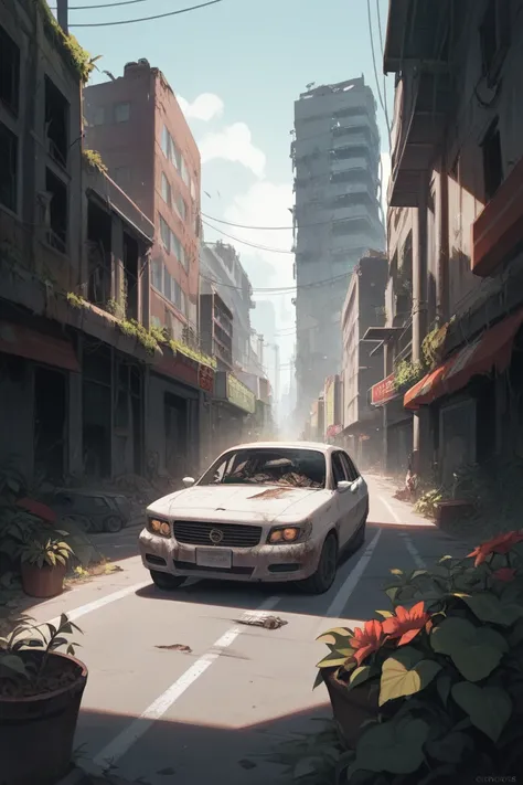 Deserted and destroyed city , abandoned cars,  plants growing among the asphalt . desolate, without people, Dead bodies on the ground.