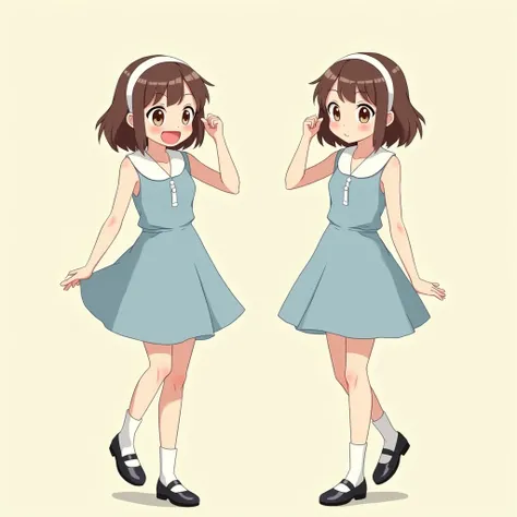 anime, Young adult, female, shoulder-length brown hair, brown eyes, light blue sleeveless dress, white peter pan collars, knee-length hemline, energized, playful pose, bashful pose, cinched waist, white hairband,white socks, black ballet flats, standing, s...