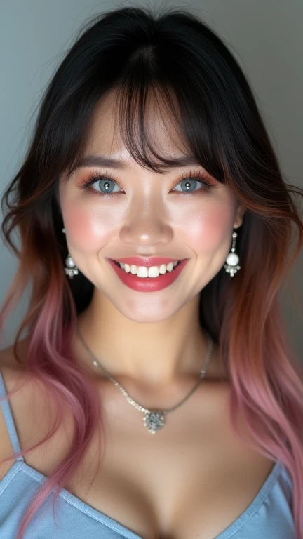 See the full body of a sweet, gentle, plus-size, plump, 200-kg Thai woman in full HD. She has sharp, beautiful blue eyes, a sweet smile with dimples, aged 40, flawless makeup, earrings, necklace, long, straight ombre hair with bangs, a spiral tongue pierci...