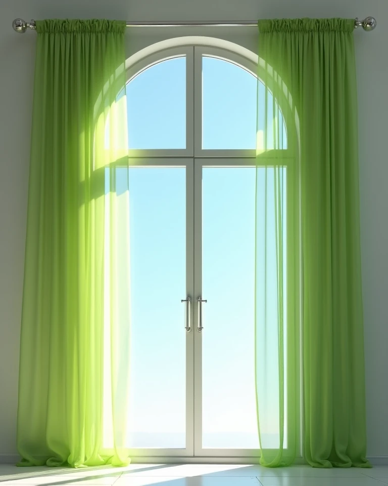 A large, bright, arched window with two panes of window glass completely open to a bright blue sky, a pair of bright green, airy, tulle-mantled curtains, which hang symmetrically on either side of the window, are pleated and draped. The light cast through ...