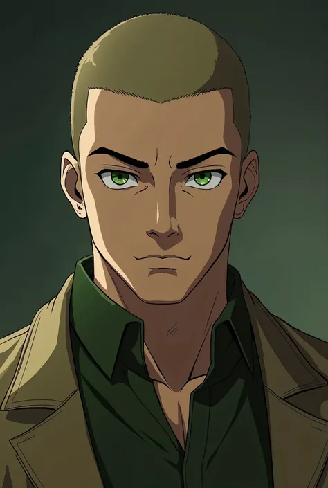 Anime Manga A man with facial features similar to Thomas Shelby, captured from the waist up. He has green eyes, olive-colored clothing, a slightly muscular build, serious, sharp, with a frightening gaze, authority, aura, an upright posture, short buzz-cut ...