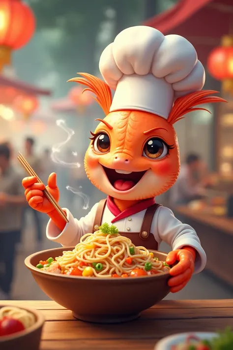  a shrimp head person wearing a chefs uniform， holding shrimp noodles with a smile ，At the Food Court 