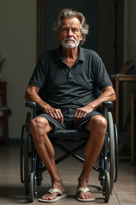 Create a very old man sitting in a wheelchair with brown hair in a black polo shirt and black shorts with a white flip flop.