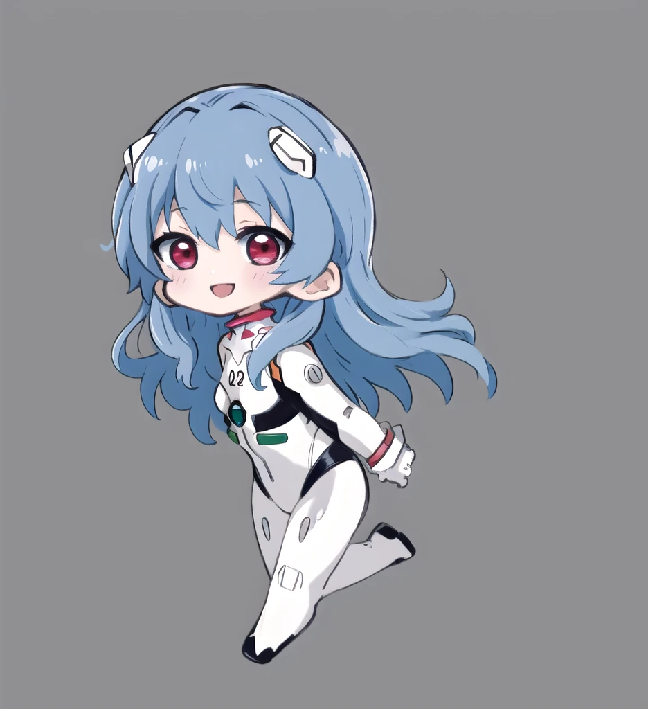 masterpiece,  top quality ,   very detailed, Chibi Knife  ,   1 girl,     Neon Genesis Evangelion 、Rei Ayanami、  blue hair、  long hair、  red eyes、  White Plug Suit、  simple background,   full body,smile