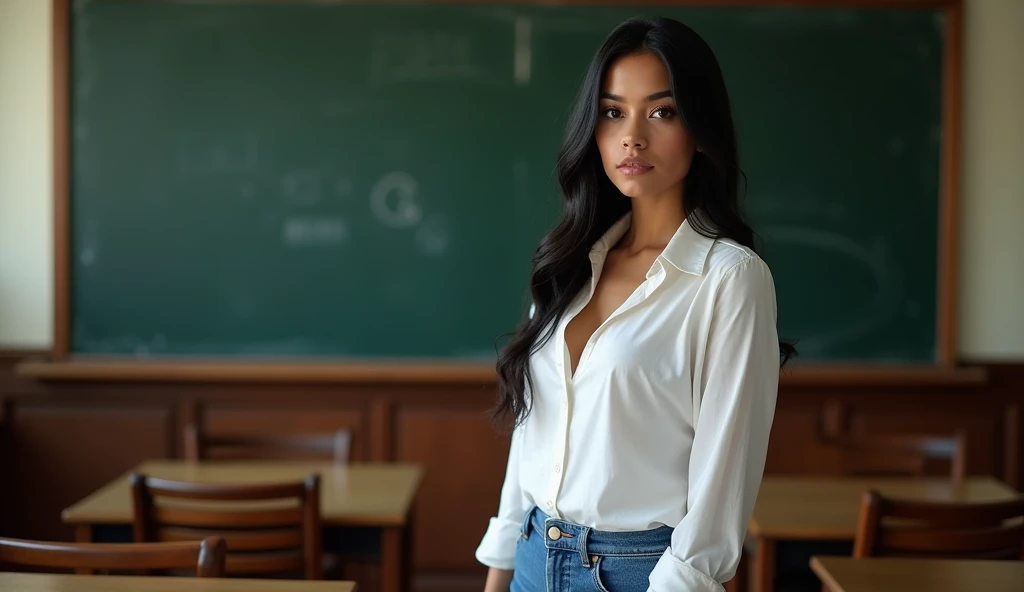  Inside a classroom,  a 35-year-old Brazilian teacher, light brunette,  long black hair, thin,  brown-eyed , sexy, white shirt, Big breast volume ,  jeans. She is in the background of the image in front of the blackboard,  On the right side of the image 