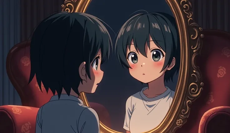 Anime character watching himself in front of mirror