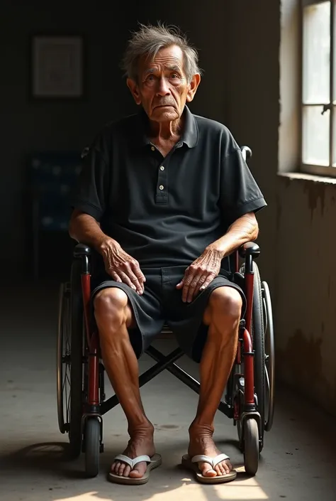 Create a very old man sitting in a wheelchair with brown hair in a black polo shirt and black shorts with a white flip flop.