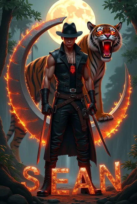 [A young Asian assasin man, Sean, stands confidently in a dimly lit forest, a large, stylized, metallic "S" ablaze with fiery energy crackling around it behind him.  He wears a black fedora, a fitted black leather vest with a red wolf emblem on the chest, ...