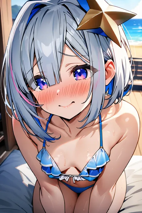 NSFW,masterpiece, top quality , high definition , very detailed,Amane Kanata( hololive ), bikini,Beach House,Embarrassed,blush,smile