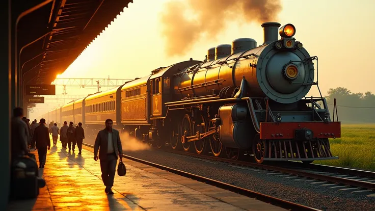 Photo of a indian train on railway station in sunlight, realistic cinematic style, 4k ultra HD quality 