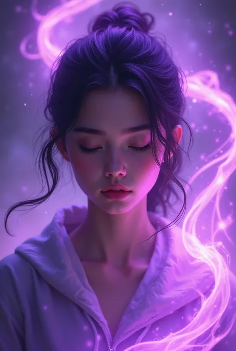 A beautiful teen girl  using her clam mind to control three mistrial dragon flames .....they going around her and they are very bright ...they are purple colour........she creating powerful mind seel and she looks here lovely face