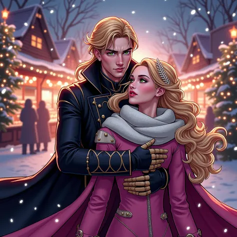  very detailed digital illustration on the cover .  Draw a couple for a realistic comic cover .  Incredibly beautiful blonde  , height 160 cm,  long golden hair,  stylized in a beautiful hairstyle  ,  decorated with a tiara and jewelry  , длинная чеНевероя...